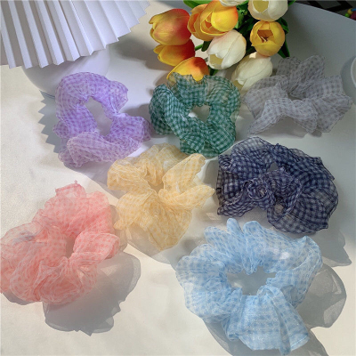 Korea college style organza check large intestine hair ring chiffon ball string ponytail string ins web celebrity hair accessories