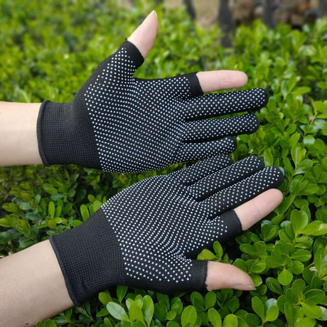 Half Finger Nylon 13 Needle Point Plastic Gloves Point Glue Point Bead Gloves Thin Non-Slip Exposed Two Finger Labor Protection Gardening Tea Picking Driving 