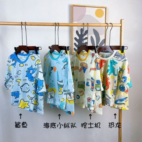 Qiqiang Soft as Children‘s Home Clothes Summer Pure Cotton 3/4 Sleeve Air Conditioning Clothes Cartoon Printed Baby Pajamas Suit Spring 