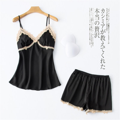 Summer New Women‘s Suspender Shorts Pajamas Set Cute Cute Home Home Home Set with Chest Pad