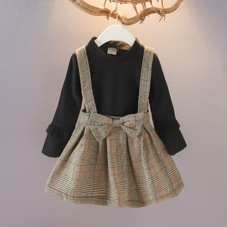 piece strong girls‘ western style dress spring and autumn clothes baby fake 2 pieces fashionable children‘s dress korean plaid little girl princess