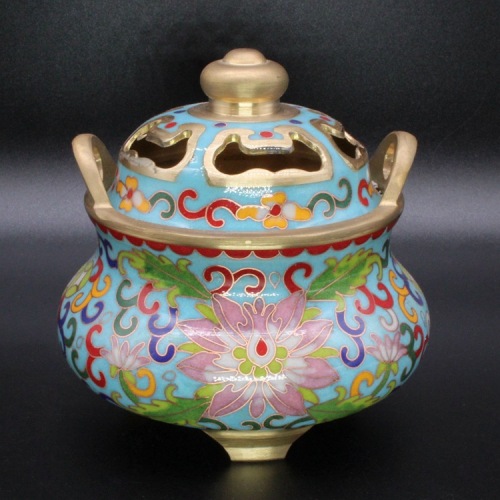Cloisonne Room Fragrance Buddha Utensils Dharma-Vessel Traditional Copper Cast Cloisonne Soft Enamel Antique Ruyi Incense Burner