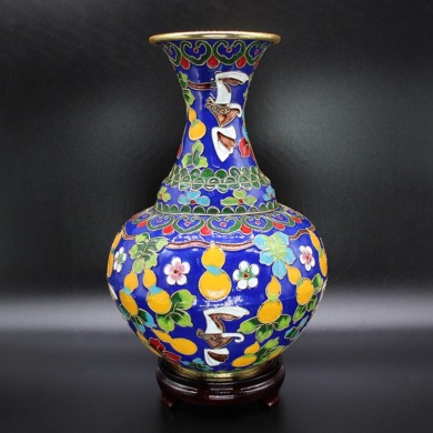 北京景泰蓝工艺礼品花瓶摆件掐丝珐琅(花丝银蓝)10寸留香福禄瓶