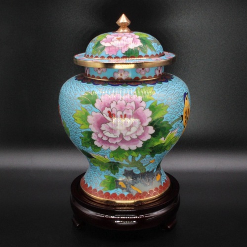 Beijing Cloisonne Craft Gift Decoration Traditional Copper Tire Cloisonne Enamel polished 8-Inch Peony Flower Row Jar 