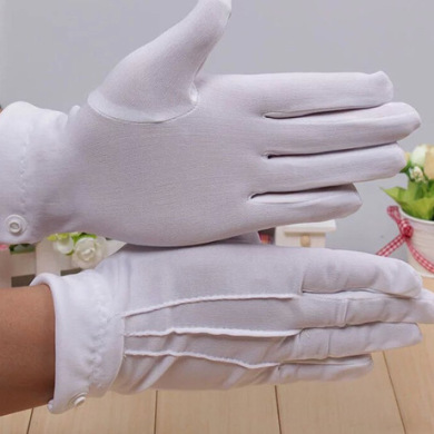 涤纶白手套表演手套三筋阅兵礼仪 加长款带纽扣劳保手套 作业