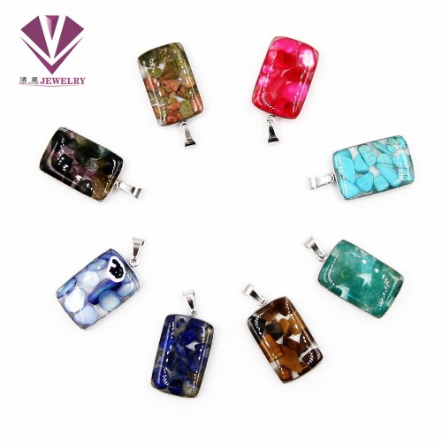 stainless steel edging natural stone necklace rectangular pendant agate pink crystal amethyst green crystal tigereye turquoise