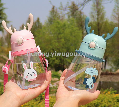 cute cartoon small antlers children‘s kettle with straw strap strap kindergarten baby water cup 35823