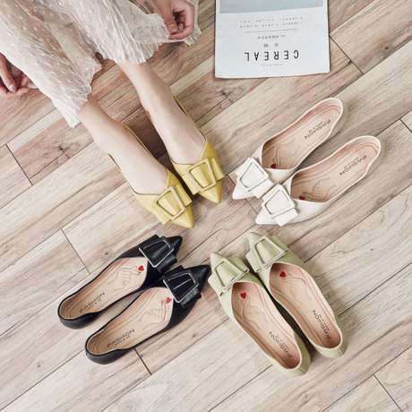 Ins Elegant Square Buckle Single-Layer Shoes for Women 2020 Spring Korean Style Versatile Pointed Toe Shallow Mouth Flat Internet Celebrity Fashion Peas Shoes