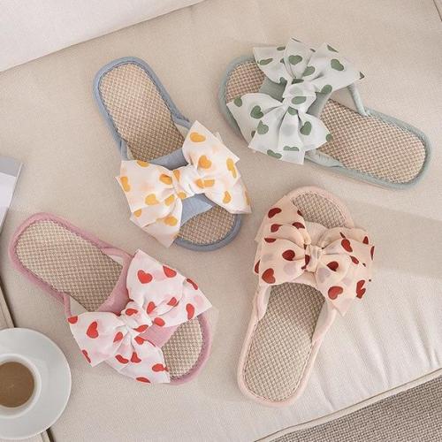 spring and summer new linen slippers breathable home fabric slippers bowknot large flower slippers female summer slippers female