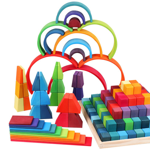Solid Wood Rainbow Wooden Pyramid 12 Color Wood Color Arch Building Blocks Jenga Children Baby Educational Toys