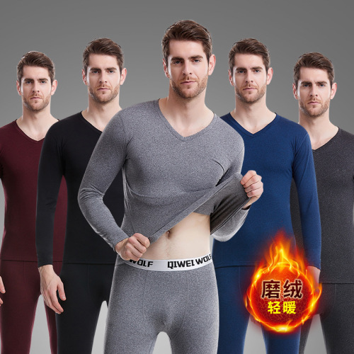 Men‘s New Clothes Autumn Clothes Long Pants Cationic V-neck Thermal Underwear Men‘s Fleece Thermal Suit Two-Piece Set