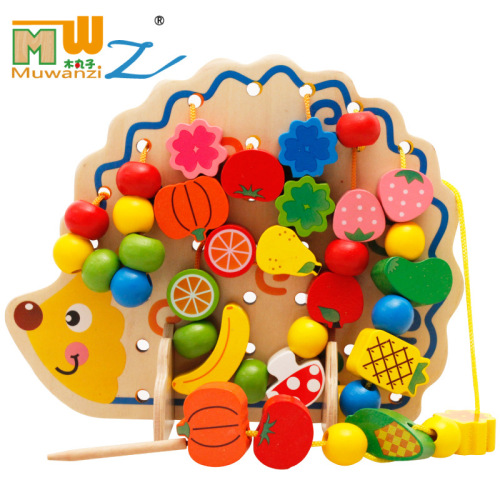 Puzzle Beaded Bead-Stringing Toy Series Building Blocks Hedgehog Fruit Beaded Threading wooden Toys Wearing Rope Game 