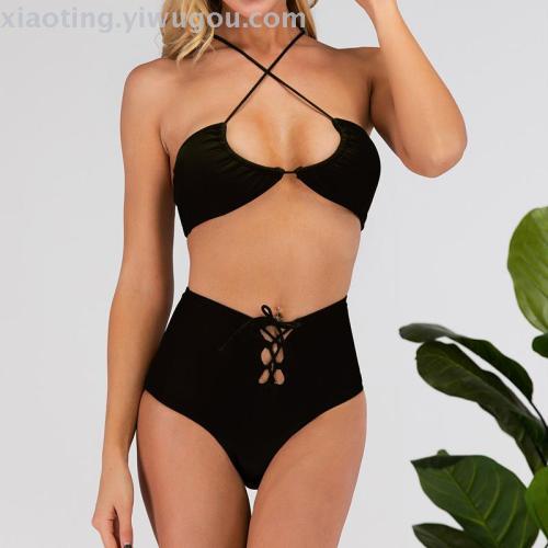 bikini foreign trade new european and american sexy ladies high waist solid color split swimsuit nylon quality factory direct sales