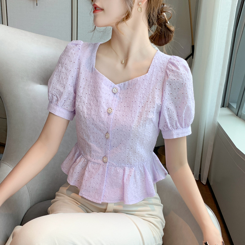 Square collar blouse women retro court style puff sleeves wa...