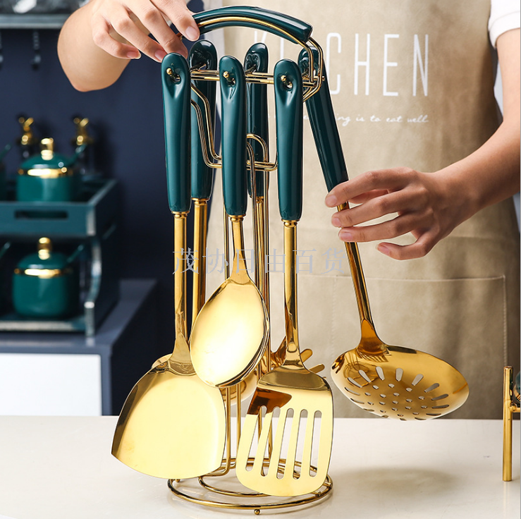 Emerald ceramic anti-hot handle stainless steel shovel soup spoon rice spoon slotted spoon kitchen f