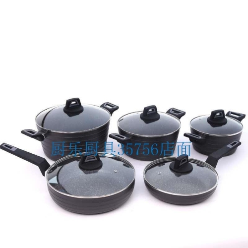 Factory Direct Sales Household Medical Stone Non-Lampblack Non-Stick Pan Five-Piece Set with Ladel Frying Pan Soup Pot Flat Pot Set