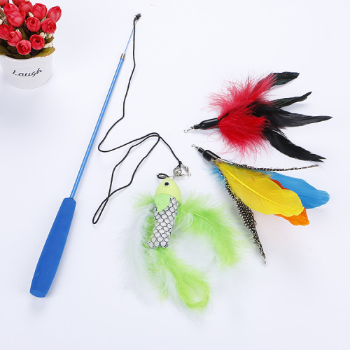 cat toy set funny cat stick 3 telescopic rod 3 replacement head feather fish interactive factory direct cross-border wholesale