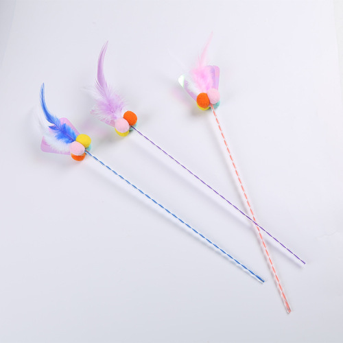 New Cat Toy Short Handmade Pompons Cat Teaser Pet Supplies with Feathers Factory Direct Sales Cross-Border Wholesale