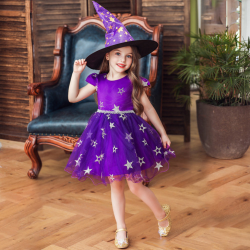 Foreign Trade Children‘s Dress Princess Dress halloween Witch Skirt Witch Performance Costume with Hat Girls‘ Mesh Tutu Skirt
