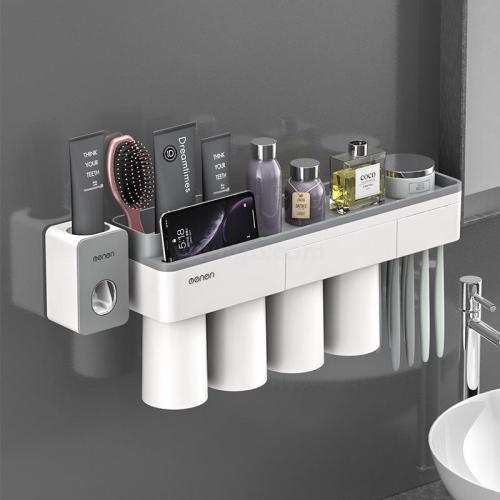 No Punch Toothbrush Holder Bathroom Storage Rack with Toothpaste Dispenser Washing Set Wall Hanging Gargle Cup Sundries Storage Rack