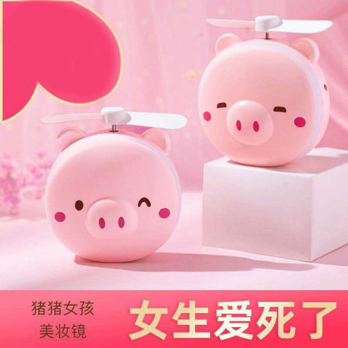 Tiktok Fast Hand Stall Pig Beauty Mirror Fan Usb Rechargeable Cute Led Light Portable Mini Little Fan