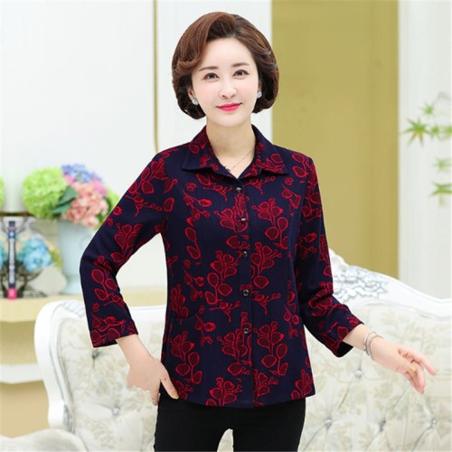 spring and autumn new mother clothes middle-aged and elderly women ant cloth long-sleeved lapel t-shirt loose large size stall hot sale supply