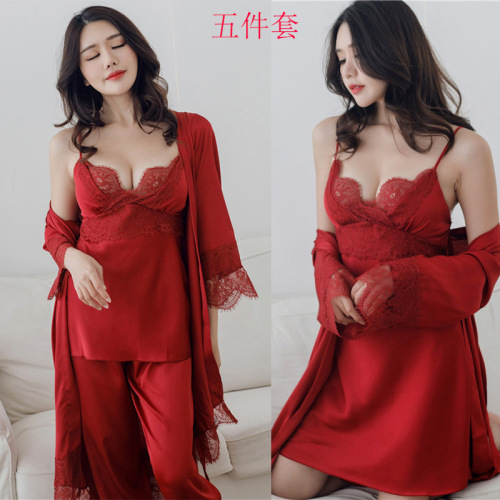 Spring and Autumn New Pajamas Women‘s Five-Piece Suit Sexy Push up Sling Trousers Two-Piece Suit Skirt with Shoulder-Straps Outerwear Gown Ice Silk Suit