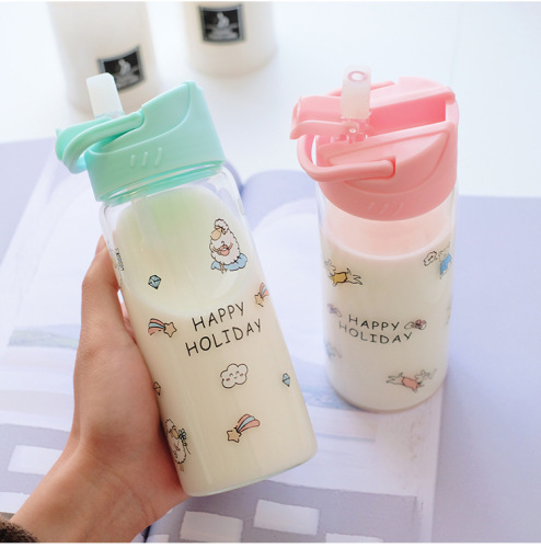 New Floral Straw Glass Cup Cute Cartoon Pattern Water Cup Heat-Resistant Simple Milk Tea Drink Cup Customized Wholesale