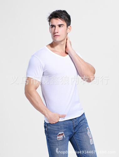 men‘s clothing short-sleeved t-shirt men‘s summer new lycra cotton solid color v-neck t-shirt slim simple bottoming casual fashion
