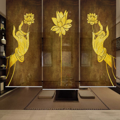 禅意卷帘佛手金莲半透景佛堂隔断帘新中式挂式屏风玄关软隔断窗帘