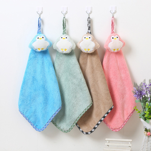 kitchen and bathroom hanging coral fleece cartoon penguin hand towel cute animal absorbent hand towel wholesale