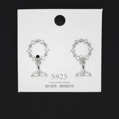 Korean Dongdaemun S925 Sterling Silver Mermaid Tail Stud Earrings Female Hollow Jeweled Circle Earrings High-Profile Figure Earrings