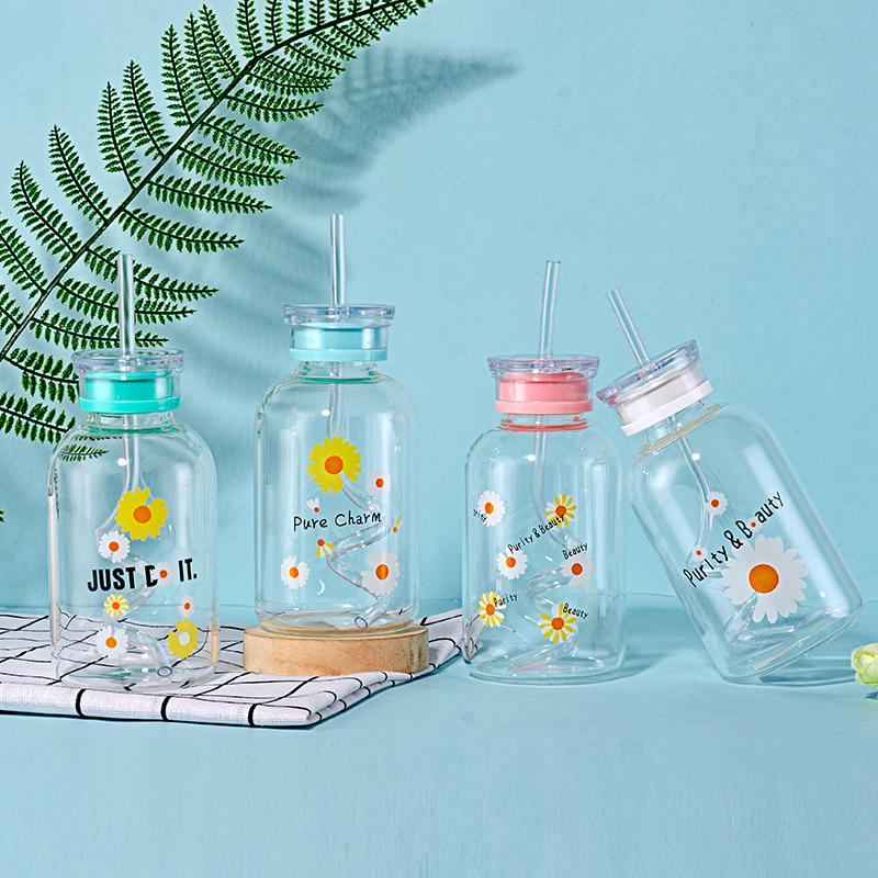 Daisy Straw Glass Fashion simple Water Cup Student couple tw...