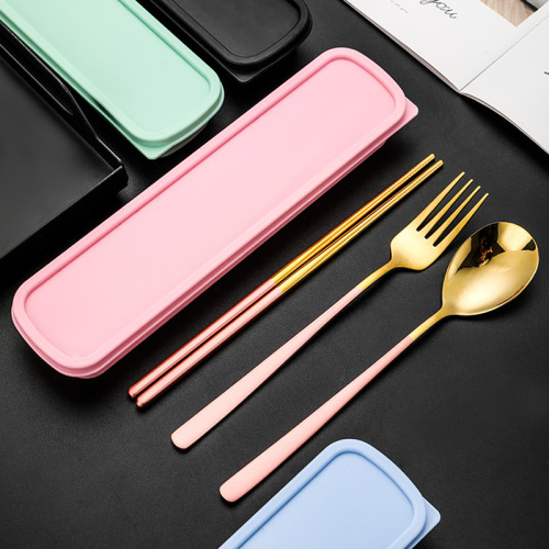 304 stainless steel portable tableware set korean spoon fork chopsticks three-piece outdoor student tableware can be customized