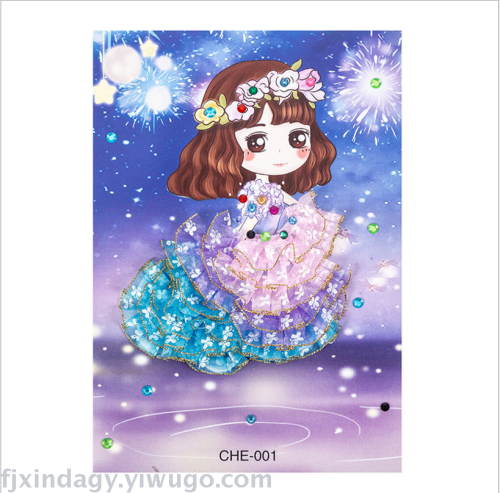 Children‘s Creative Princess Dress Handmade Stickers DIY Kindergarten Cartoon Material Package Girl Decorative Gift with Colorful Crystals
