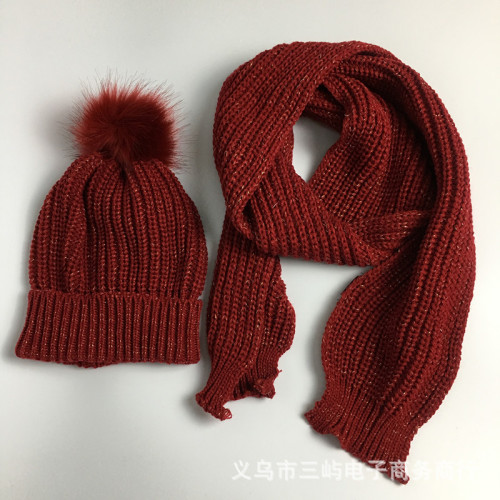 Factory Direct Sales Winter Korean Style Warm Thick Scarf Fur Ball Golden Wool Hat Two-Piece Set Couple Style