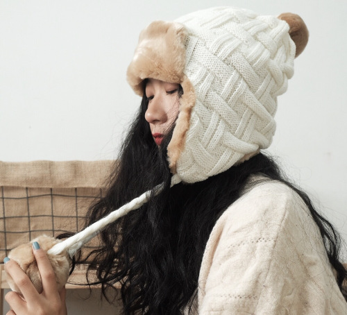 Korean Woolen Hat Children‘s Autumn and Winter Northeast Ushanka Warm Ear Protection plus Velvet Rabbit Hair Ball Windproof Knitted Hat Tide