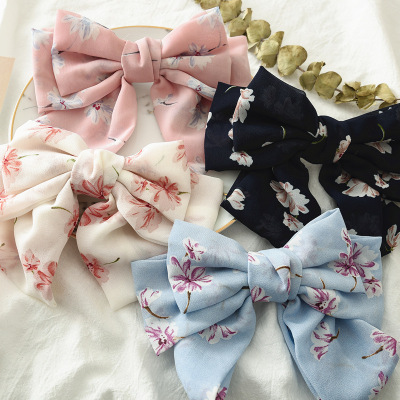 Japanese and Korean Style Oversized Bow Floral Chiffon Barrettes Versatile Bandeau Headwear for Fair Ladies Sweet Women's Spring Clip