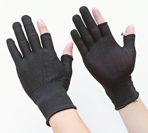 Dew Two Finger Half Finger Pure Black Breathable Men and Women Packing Express Nylon Labor Protection Driving Thin Gloves Leak 2 Finger 
