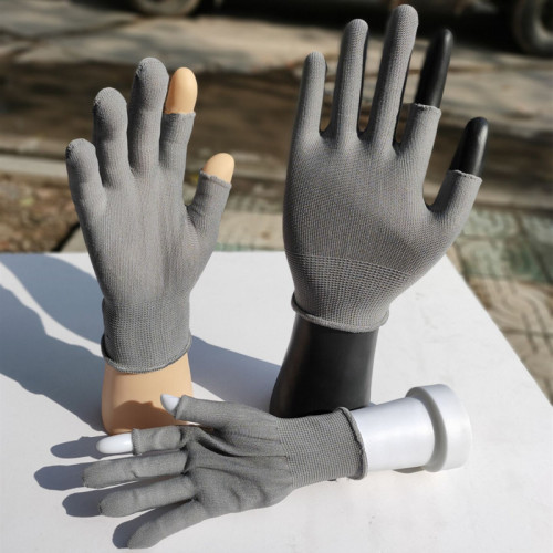 Gray Nylon Gloves Men‘s and Women‘s Thin Elastic Exposed Two-Finger Work Protection Broken Two-Finger Leakage Two-Finger Gloves Wear-Resistant