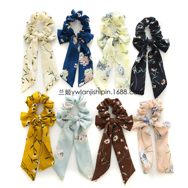 Lange Chiffon bow, floral hair ring, European American Horsetail ribbon, Large intestine ring, tied