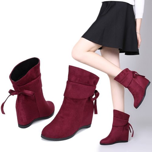 european and american large size short boots women‘s autumn and winter new slip-on suede bow leather boots