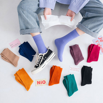 Summer thin socks \"women 's day solid color double needle vertical stripe stacked socks candy color College wind pure cotton stockings