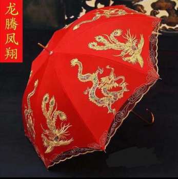 bride umbrel female side dowry semi-automatic big red long handle embroidery wedding supplies double-yer wedding sunshade wholesale