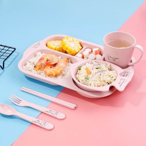 Factory Direct Sales Wheat Straw Fast Food Plate Student Tray Grid Canteen Plate Drop-Resistant Divided Plate Bowl Cup Suit