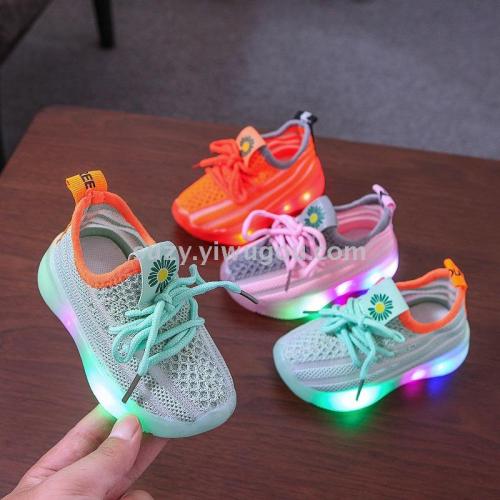 children‘s leisure sports breathable flying woven luminous shoes led shoes