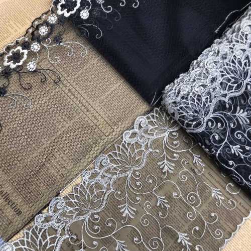 best-selling in stock home textile accessories width 21cm mesh embroidery lace black bottom composite line sofa curtain fabric lace