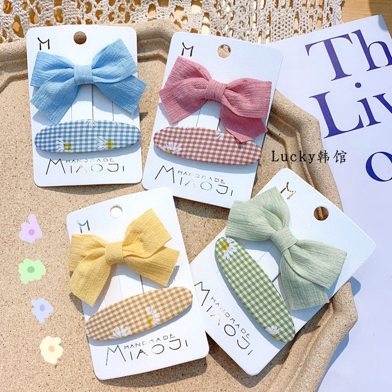 Hair accessories long small oval hair clip bow combination BB hair clip cloth art fresh clip plaid D