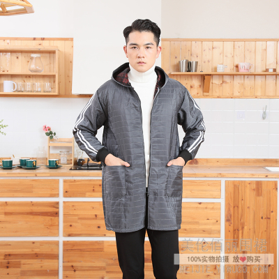 New Fashion Adult Fleece-Lined Thickened Waterproof Smock Lengthened Men's Labor Protection Long Sleeve Hood Zipper Work Clothes Small Apron
