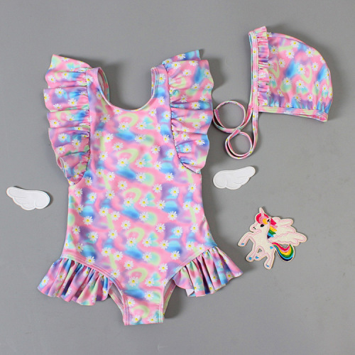 Children‘s Swimsuit Tie-Dyed Daisy Small and Medium Infant Baby Girl Baby One-Piece Triangle Swimsuit with Cap